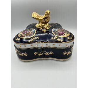 Sevres France Porcelain Hand Painted Vintage Lidded Art Bowl Gold Trim Bird Top